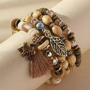 Elephant Leaf Tassel Wood Beads Stretch Bracelet Set NEW!